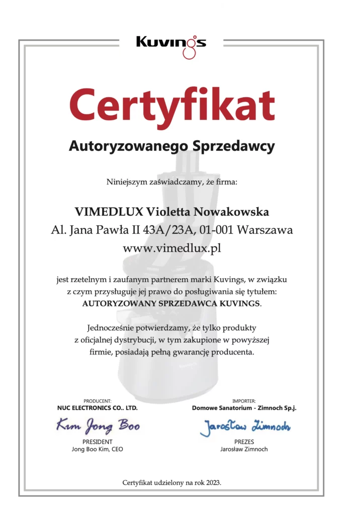 Certyfikat potwierdzający, że firma Vimedlux jest autoryzowanym dystrybutorem wyciskarek Kuvings Vimedlux - oficjalny dystrybutor Kuvings Polska
